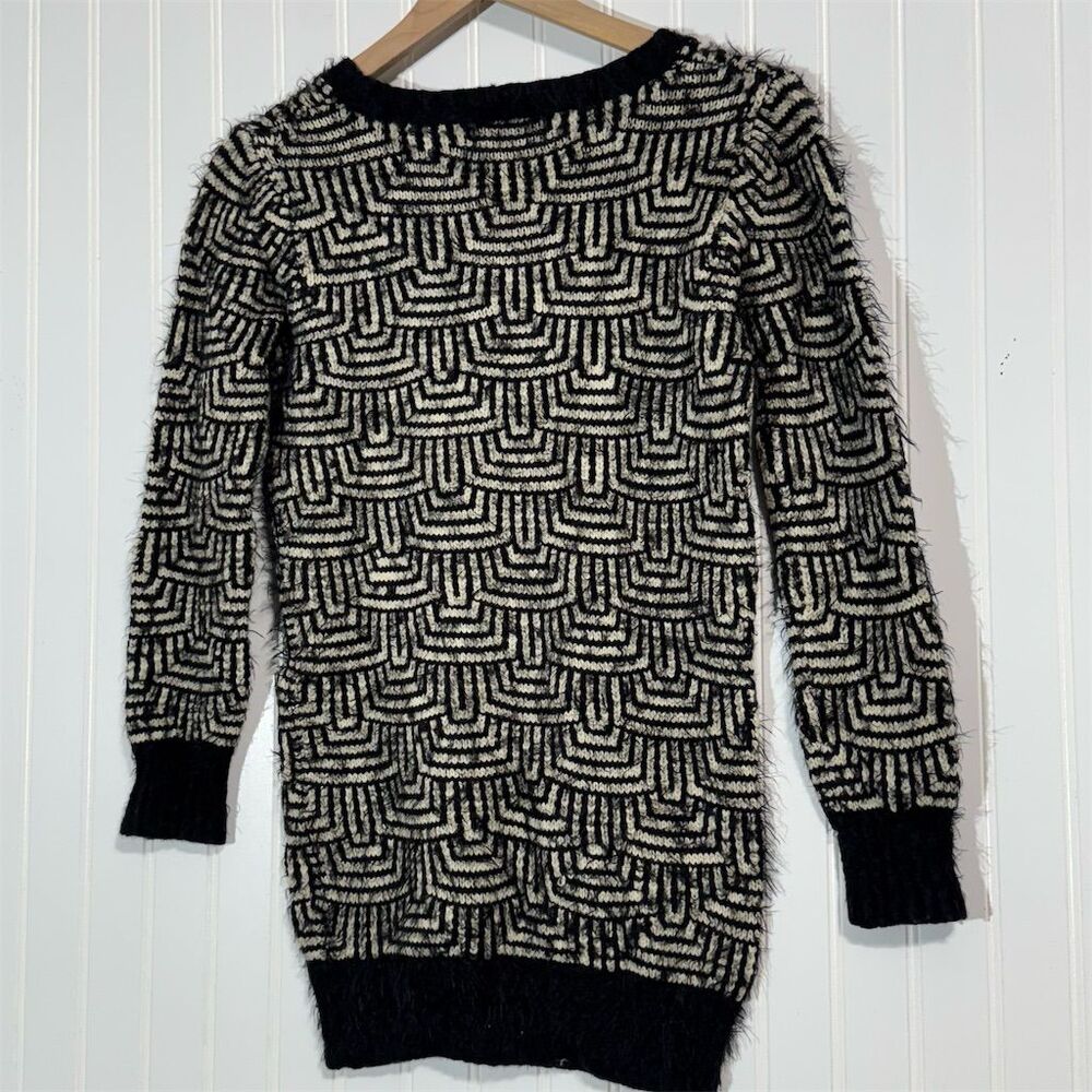 Katsumi Black White Geometric Fuzzy Knit Sweater Dress Tunic Long Sleeve Small - Picture 2 of 8
